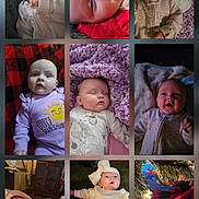 Nysa is registered to the contest to win money with this photo: baby, infant, collage, blanket, plaid, purple_blanket, red_blanket, onesie, hat, bow, smile, sleeping, smiling, portrait, closeup, christmas_tree, soft_texture, cozy, hand, face