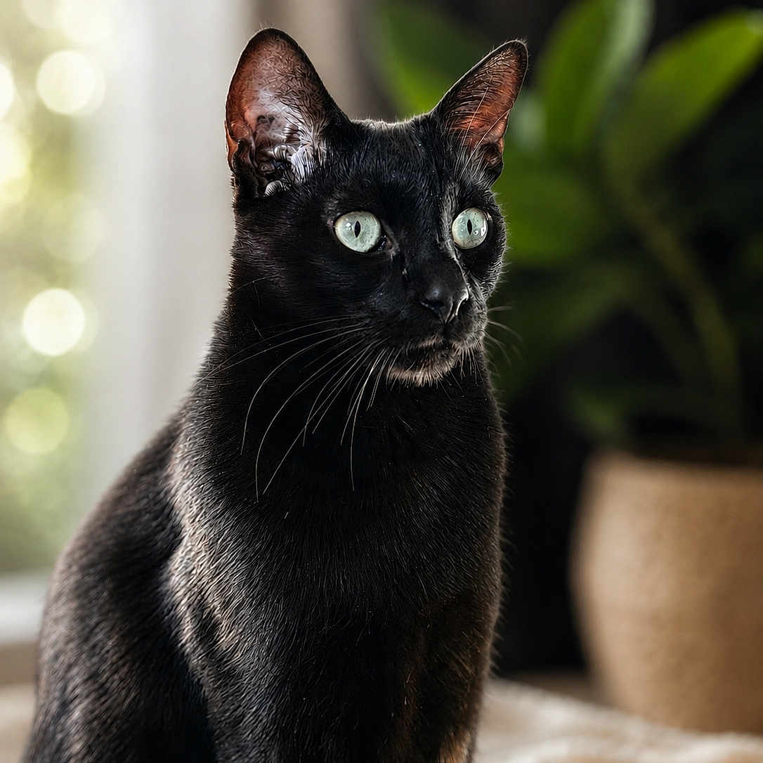 Philippe a rejoint le concours — aidez-le/la à gagner de superbes lots ! alert, animal, black_cat, blurred_background, cat, closeup, cute, domestic_cat, eyes, feline, fur, green_eyes, houseplant, indoor, natural_light, pet, portrait, sitting, soft_texture, whiskers