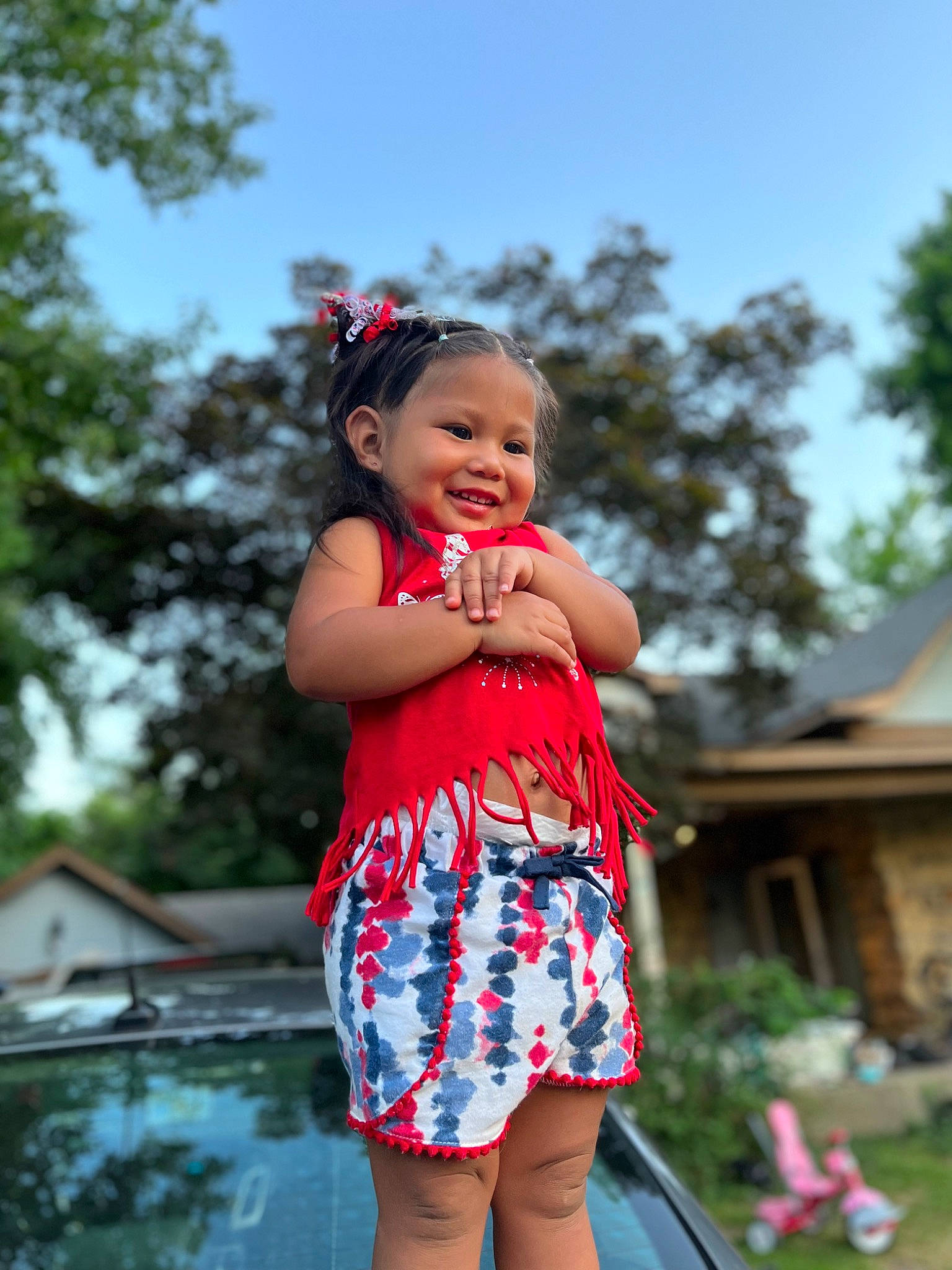 Kinslie is registered to the contest to win money with this photo: baby, baby_toddler_clothing, day_dress, dress, event, fun, grass, happy, joy, leisure, magenta, person, pink, plant, recreation, sky, smile, summer, toddler, tree