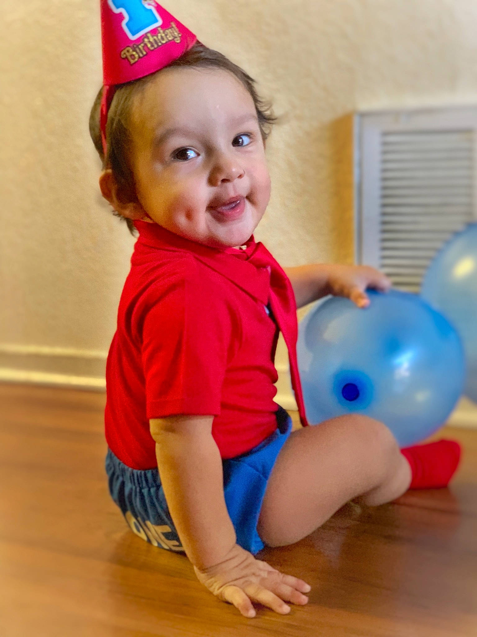 Grayson joined the competition — help win amazing prizes! baby, baby_playing_with_toys, ball, balloon, child, fun, party_supply, person, play, smile, standing, toddler