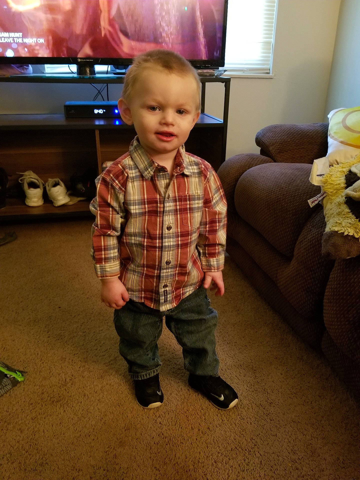 Braxton Lee Smith is registered to the contest to win money with this photo: boy, child, day, design, flooring, fun, girl, infant, pattern, person, plaid, play, product, sitting, skin, smile, standing, tartan, toddler