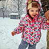 child, cold, daytime, footwear, happy, hat, holding_hand, jacket, nature, outdoor, pants, park, person, playing, seasonal, smiling, snow, toddler, trees, winter