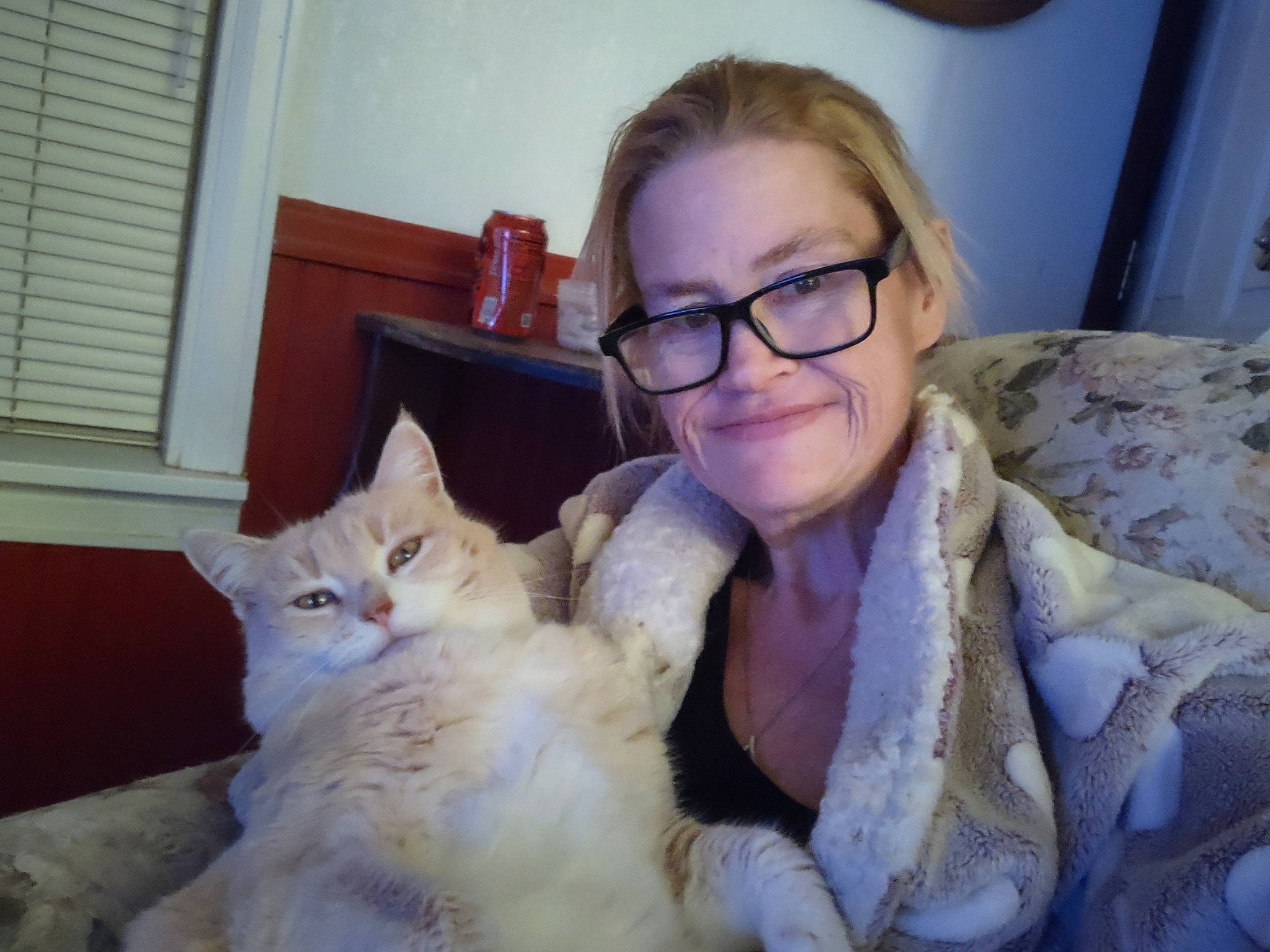 Heidi is registered to the contest to win money with this photo: bed, blond, carnivore, cat, comfort, companion_dog, domestic_short_haired_cat, door, eyewear, fawn, felidae, fur, glasses, lap, sitting, small_to_medium_sized_cats, smile, vision_care, whiskers, wood