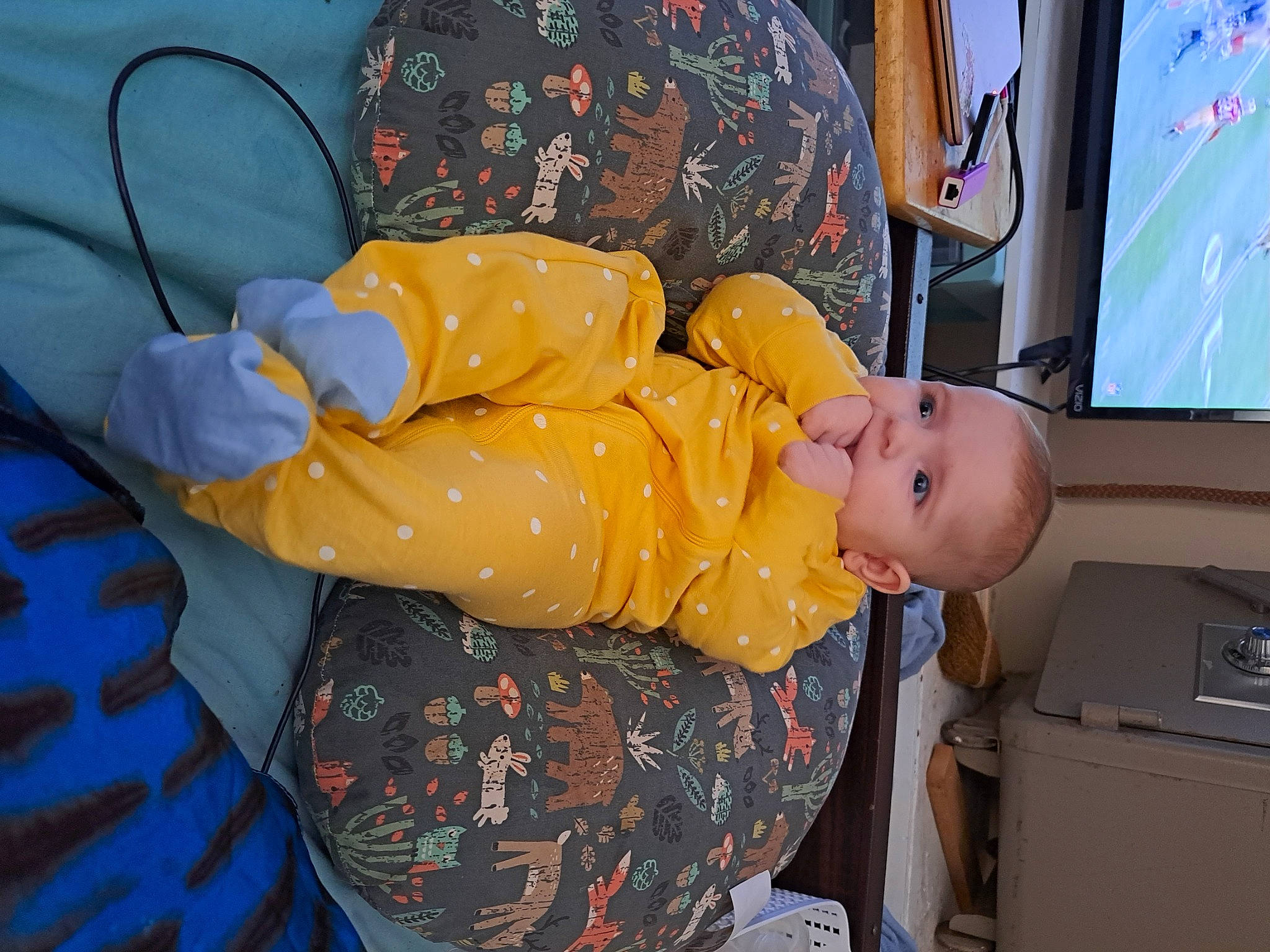 Lilian is registered to the contest to win money with this photo: baby, baby_products, child, comfort, couch, display_device, fun, home_appliance, lap, person, room, sitting, smile, television, television_set, toddler