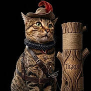Tigrou participe au concours pour gagner de l'argent avec cette photo : cat, tabby, costume, hat, feather, collar, sword, wooden_post, engraving, green_eyes, portrait, animal, pet, dramatic_lighting, black_background, feline, accessory, leather_strap, medal, closeup
