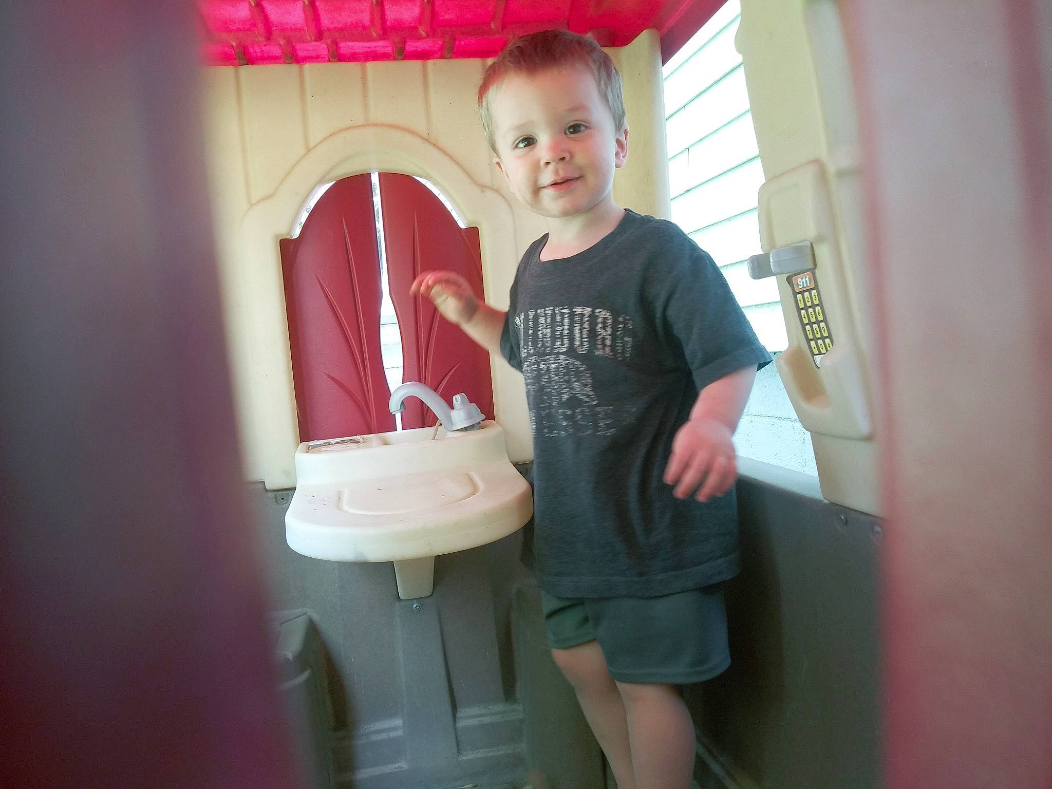 Logan joined the competition — help win amazing prizes! child, fun, joy, leg, long_hair, person, pink, plumbing_fixture, room, shoulder, skin, smile, standing, toddler