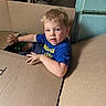 Tony is registered to the contest to win money with this photo: child, toddler, boy, portrait, face, blue_eyes, blond_hair, looking_at_camera, cardboard_box, indoors, plumbing, garage, storage, moving, candid, blue_shirt, seated, curious, funny, household