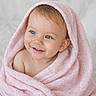 Shanna participe au concours pour gagner de l'argent avec cette photo : baby, blue_eyes, child, cozy, cute, expression, face, happy, head, indoors, infant, pink, portrait, skin, smile, soft_texture, towel, warm, wrapped, young