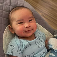 Noah is registered to the contest to win money with this photo: baby, smiling, blue_clothing, polar_bear_print, baby_chair, cushion, mittens, wooden_floor, indoors, infant, cute, happy, child, portrait, seated, young_child, cozy, comfortable, apparel, person
