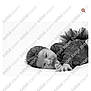 baby, black_and_white, infant, lying_down, headband, lace_outfit, portrait, soft_surface, watermark, cute, child, young, monochrome, small_hands, face, eyes_open, resting, studio_photo, peaceful, adorable