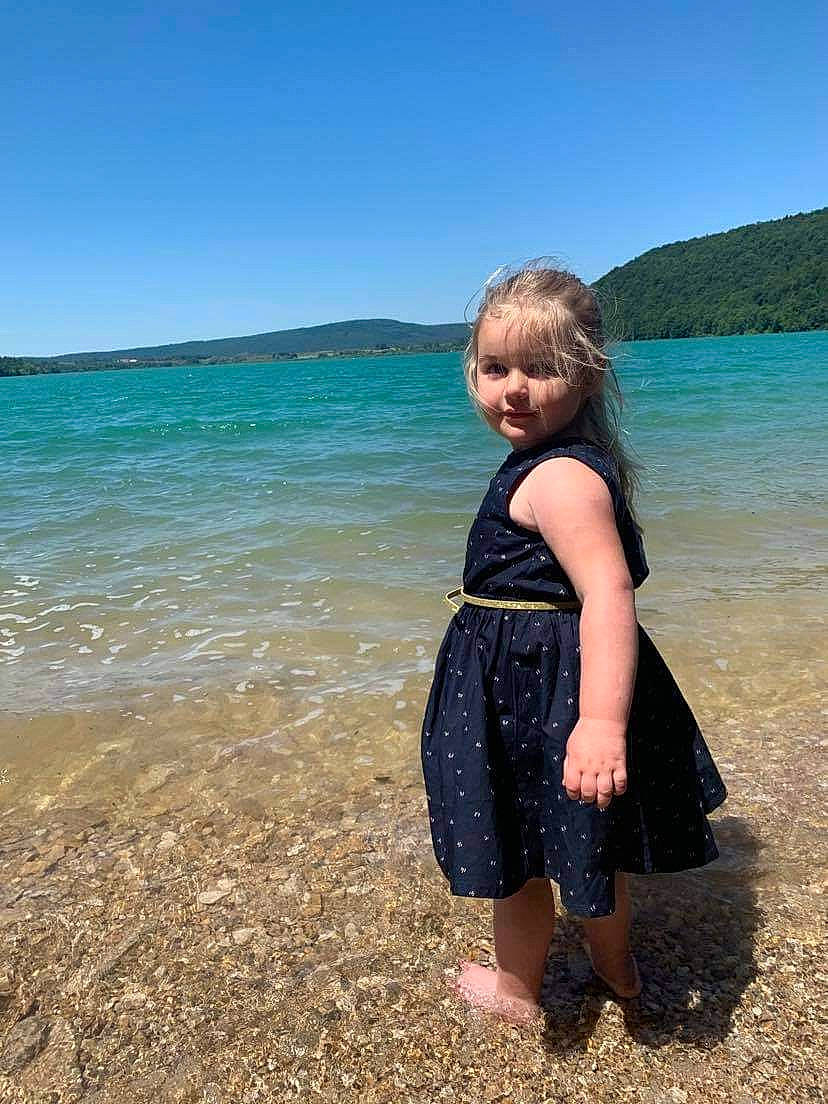 Lina participe au concours pour gagner de l'argent avec cette photo : aqua, azure, barefoot, beach, blue, electric_blue, flash_photography, grass, happy, horizon, lake, leisure, long_hair, people_in_nature, people_on_beach, person, sky, summer, travel, tree