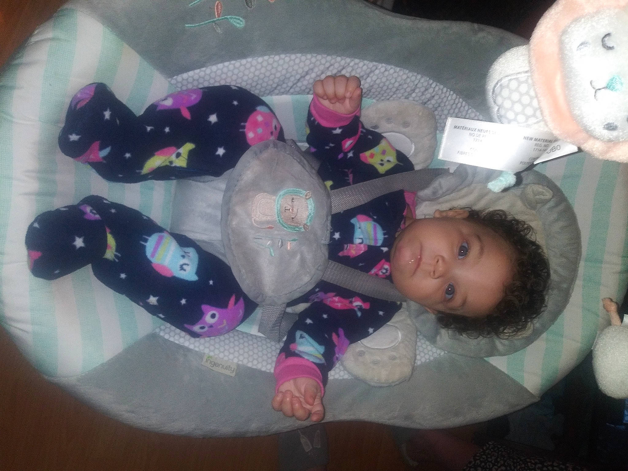 Karmen is registered to the contest to win money with this photo: baby, baby_products, baby_toddler_clothing, baby_toys, child, comfort, fun, lap, organ, person, pink, plastic, purple, room, sitting, textile, toddler, tree