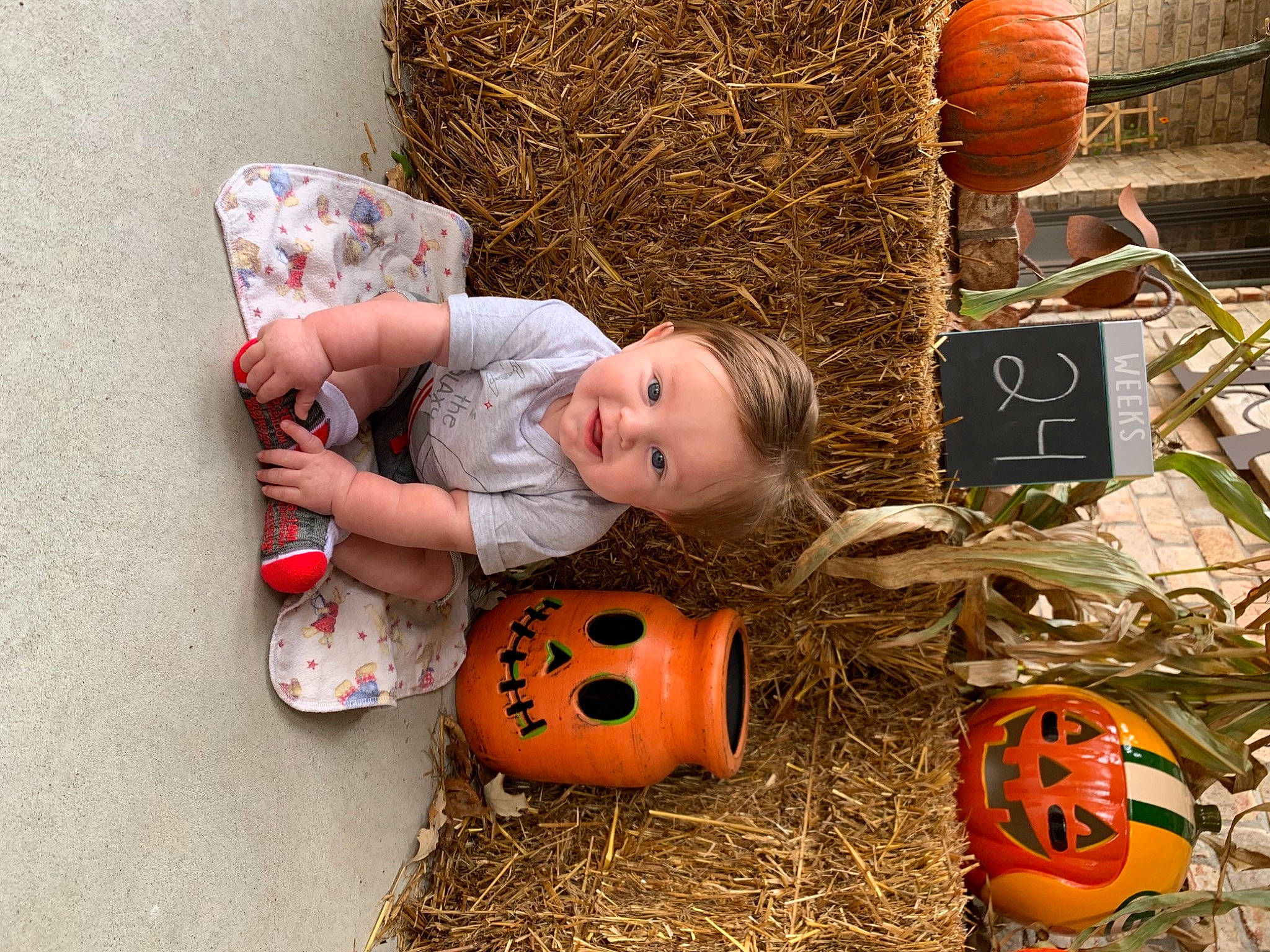 Kacen joined the competition — help win amazing prizes! calabaza, child, cucurbita, gourd, hay, person, plant, pumpkin, straw, toddler, tree, winter_squash, wood