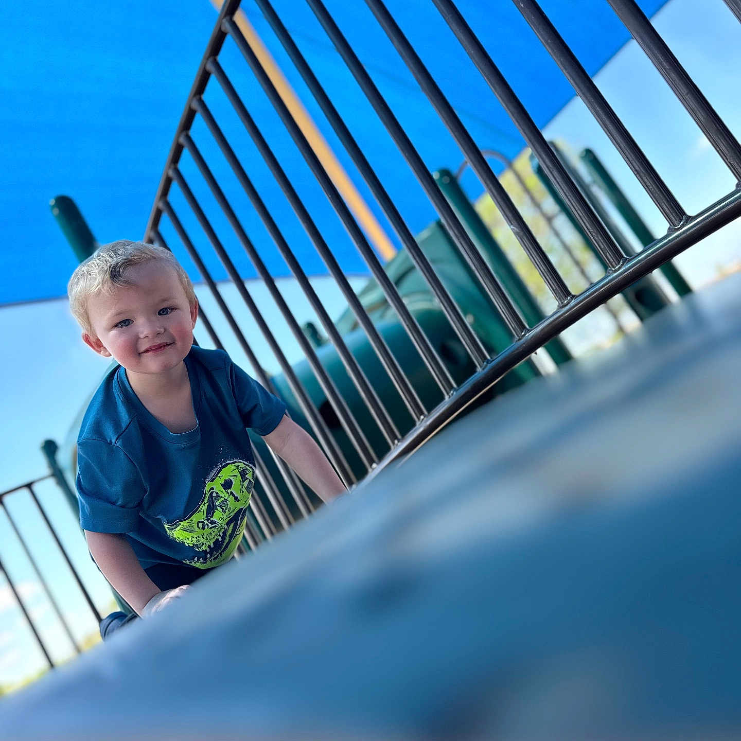 Gunnar joined the competition — help win amazing prizes! child, toddler, playground, climbing, blue_sky, metal_bars, outdoor, smiling, blonde_hair, tshirt, dinosaur_print, daylight, recreation, fun, play, young_child, happy, person, casual_clothing, park