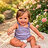 baby, child, smiling, outdoor, flower, nature, greenery, blanket, cute, happy, portrait, toddler, sunlight, garden, sitting, pink_flower, grass, young_child, casual_clothing, daytime