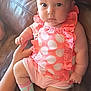 Saranae is registered to the contest to win money with this photo: baby, child, chubby_cheeks, couch, curious_eyes, cute, fingers, hand_holding, indoor, infant, leather, legs, mint_green, person, pink_clothing, polka_dots, portrait, sitting, socks, young