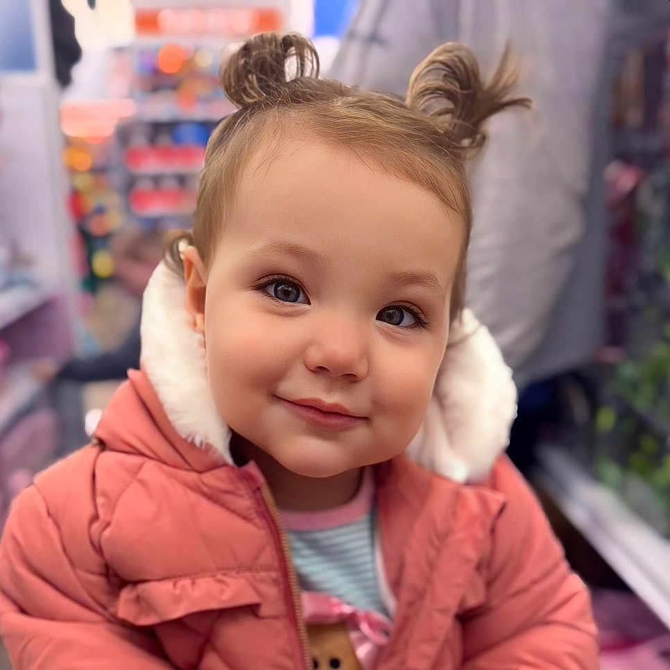 Brynlee is registered to the contest to win money with this photo: accessories, baby, babylaughing, blonde, bodypart, clothing, coat, face, fur, hair, happy, head, hood, jacket, person, photography, ponytail, portrait, shoulder, smile