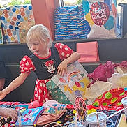 Allison joined the competition — help win amazing prizes! birthday_party, celebration, child, colorful, cup, decorations, dress, drinks, gift_bags, girl, indoor, minnie_mouse, party, person, polka_dots, presents, straw, sunlight, table, window