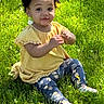 Kaylani is registered to the contest to win money with this photo: child, toddler, grass, outdoor, yellow_top, floral_leggings, curly_hair, flower, sunlight, smile, nature, sitting, happy, baby, grass_field, cute, playful, portrait, daylight, person