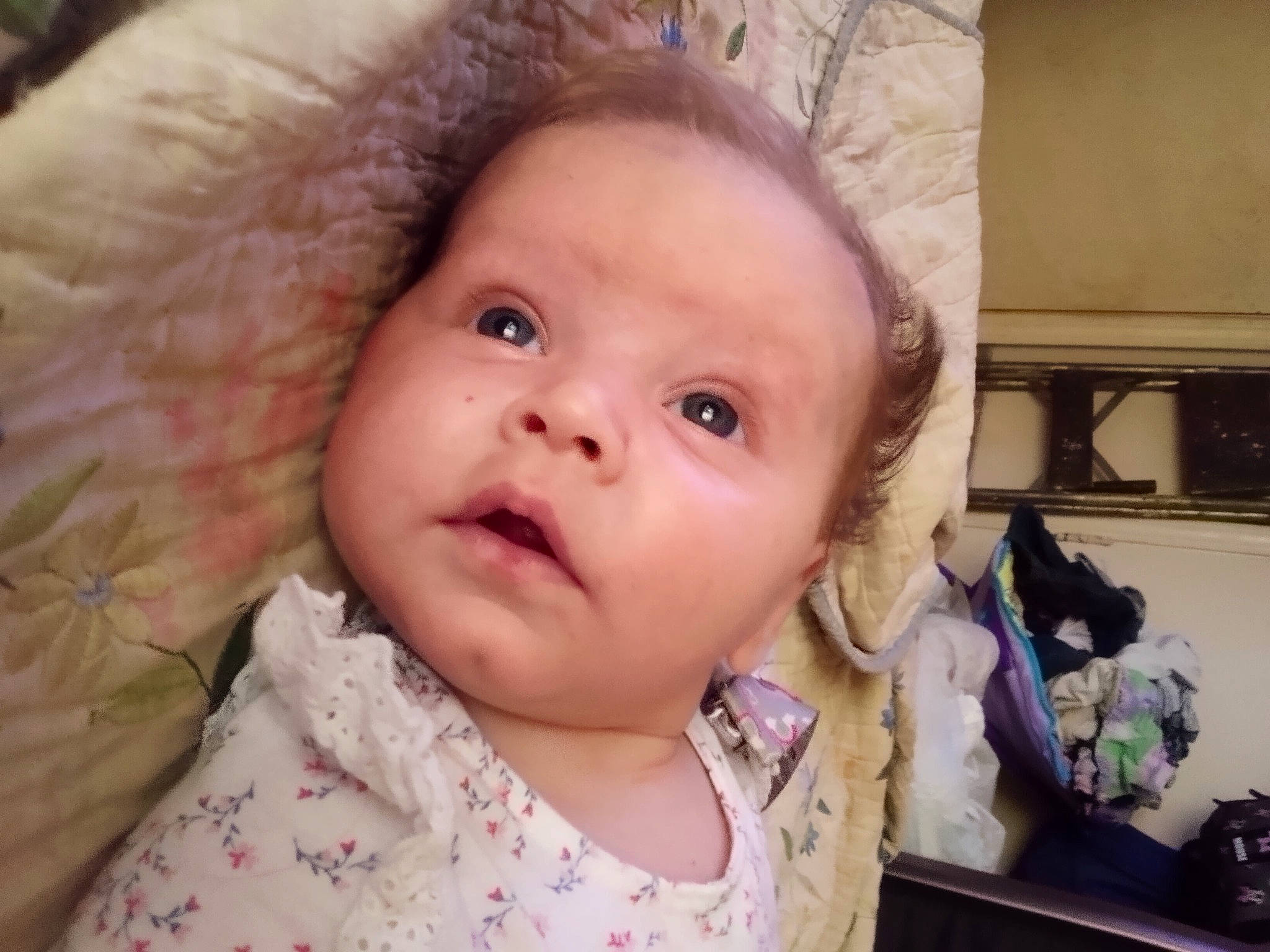 Iris is registered to the contest to win money with this photo: baby, baby_toddler_clothing, beauty, cheek, child, close_up, ear, eyebrow, eyelash, hair, happy, iris, lip, nose, person, pink, skin, sleeve, smile, textile