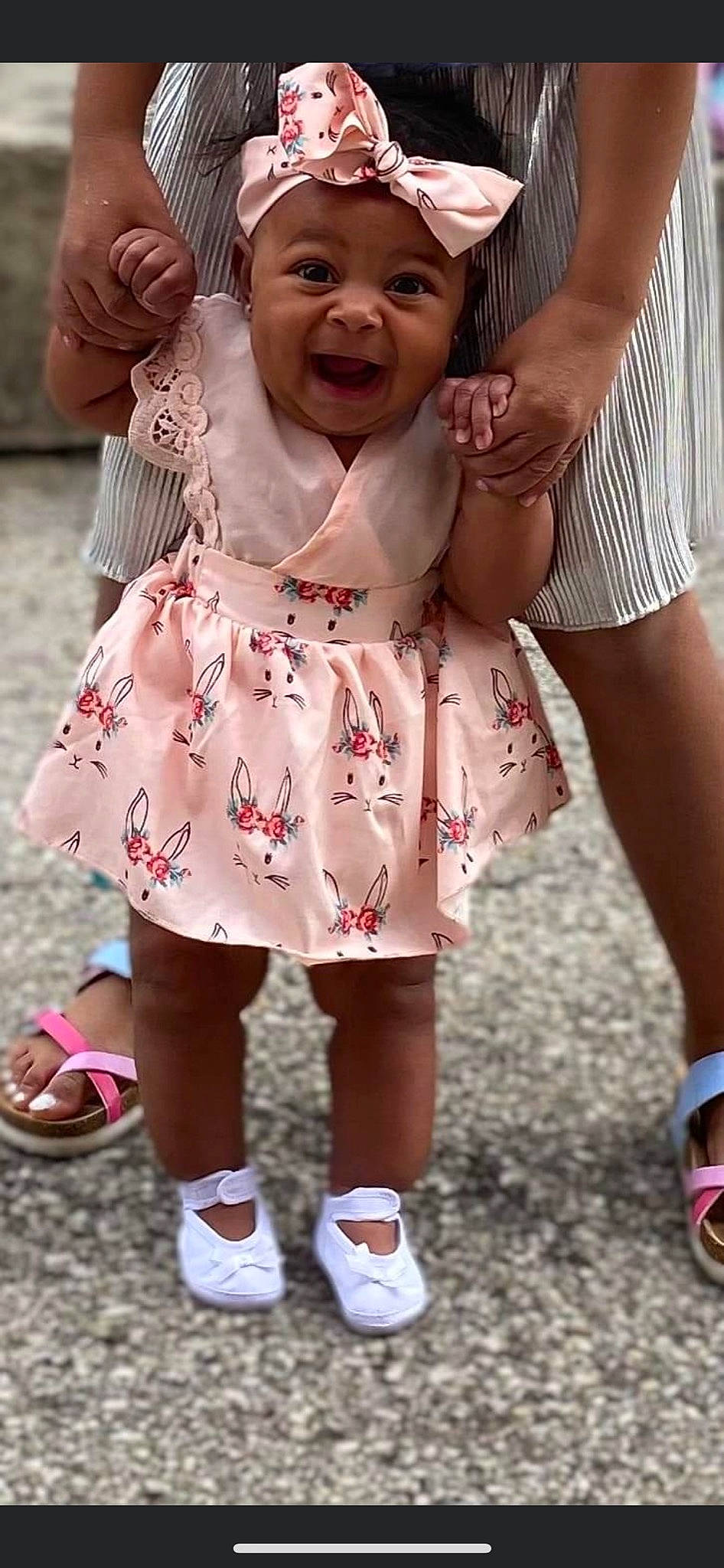 Lamoni joined the competition — help win amazing prizes! baby_toddler_clothing, blue, cheek, clothing, dress, eye, facial_expression, footwear, gesture, green, happy, headwear, nose, person, photograph, pink, shoe, skin, sleeve, smile