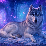 Angie participe au concours pour gagner de l'argent avec cette photo : husky, dog, animal, forest, fantasy, magical, purple, blue, butterflies, glowing, blanket, nature, mythical, twinkling_lights, enchantment, portrait, canine, relaxing, mystical, scenery