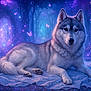 husky, dog, animal, forest, fantasy, magical, purple, blue, butterflies, glowing, blanket, nature, mythical, twinkling_lights, enchantment, portrait, canine, relaxing, mystical, scenery