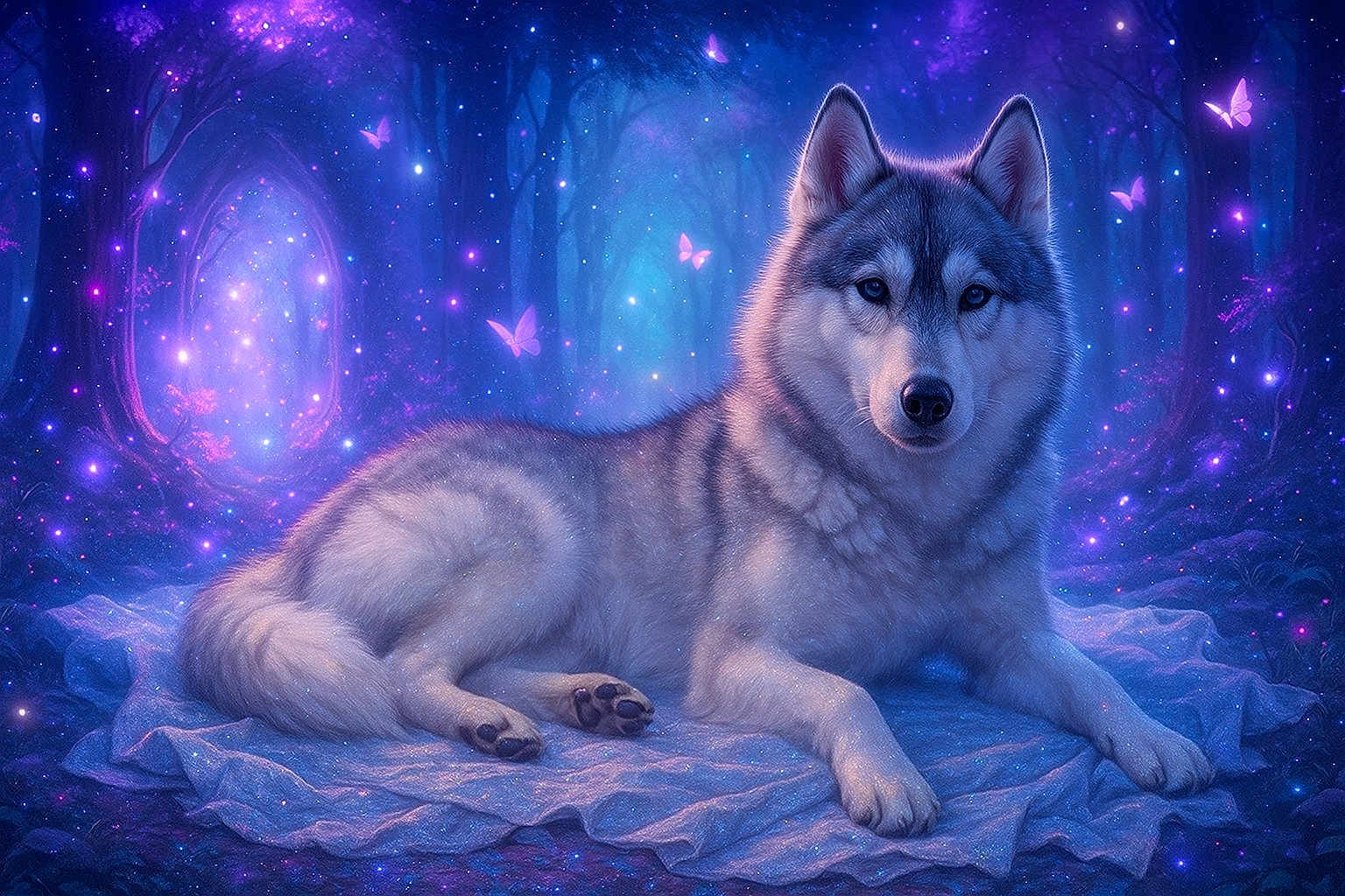 Angie participe au concours pour gagner de l'argent avec cette photo : husky, dog, animal, forest, fantasy, magical, purple, blue, butterflies, glowing, blanket, nature, mythical, twinkling_lights, enchantment, portrait, canine, relaxing, mystical, scenery