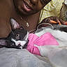 person, cat, pink_bow, black_and_white_cat, close_up, cuddling, lip_piercing, orange_nails, hand, necklace, yellow_checkered_fabric, designer_bag, relaxed, indoor, pet, fur, whiskers, face, animal, comfort