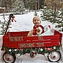 baby, child, snow, wagon, christmas, holiday, winter, pine_trees, outdoor, festive, red, smiling, hat, decorations, garland, snowy, nature, seasonal, celebration, cute