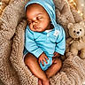 baby, sleeping, blue_hoodie, teddy_bear, cozy, blanket, soft, infant, cute, peaceful, indoor, portrait, child, nursery, warm_lighting, fairy_lights, relaxation, adorable, rest, comfort