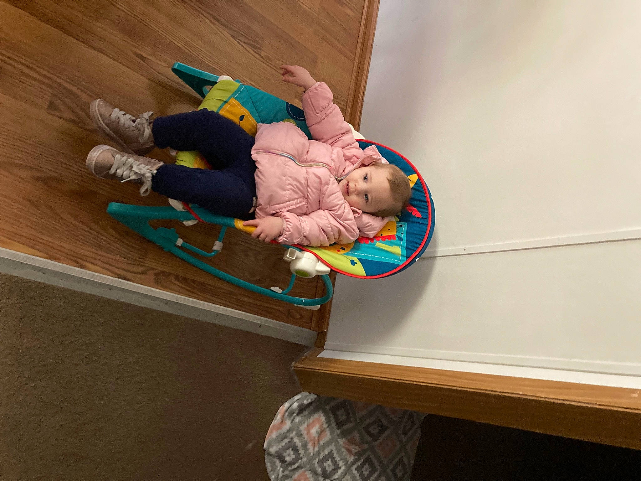 Isabella joined the competition — help win amazing prizes! art, baby, baby_products, baby_toys, chair, door, fictional_character, flooring, fun, gesture, hardwood, person, room, sitting, sock, stuffed_toy, thumb, toy, visual_arts, wood