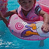 Royalty is registered to the contest to win money with this photo: child, toddler, swimming_pool, pool, water, floatie, inflatable_ring, pink, cartoon, wet_hair, swimsuit, summer, outdoor, portrait, front_facing, serious_expression, second_child, water_play, family, recreation