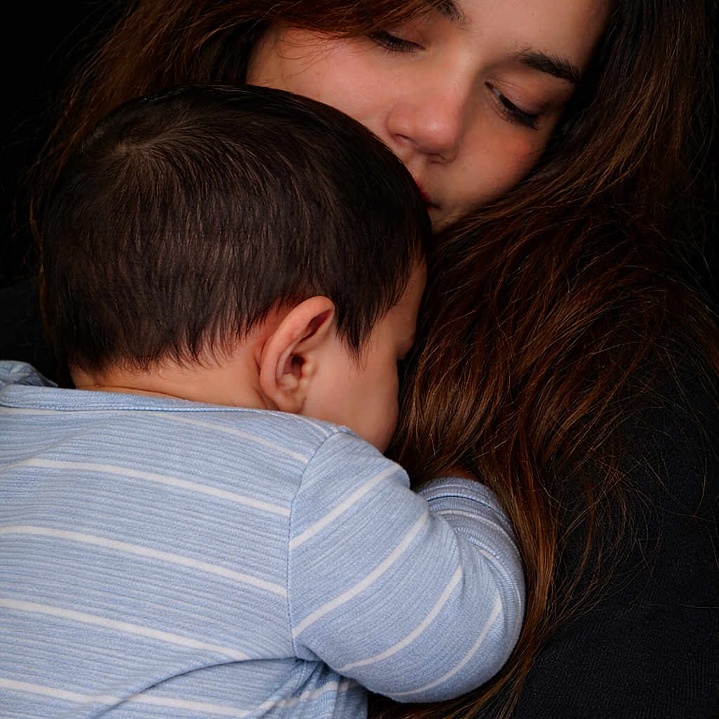 Hamad joined the competition — help win amazing prizes! arm, baby, close_up, comfort, cuddling, dark_background, face, hair, hug, indoor, infant, mother, onesie, parent_child, portrait, skin, sleeping, striped_onesie, tender_moment, woman