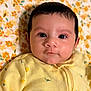 Hamad is registered to the contest to win money with this photo: adorable, baby, cheeks, close_up, cozy, cute, eyes, face, floral_blanket, hair, infant, lemon_print, lying_down, newborn, onesie, portrait, skin, soft_lighting, staring, yellow