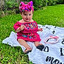 baby, child, grass, blanket, headband, pink_dress, outdoor, greenery, fence, footwear, sitting, portrait, cute, smile, summer, nature, colorful_clothing, young_child, happy, headwear