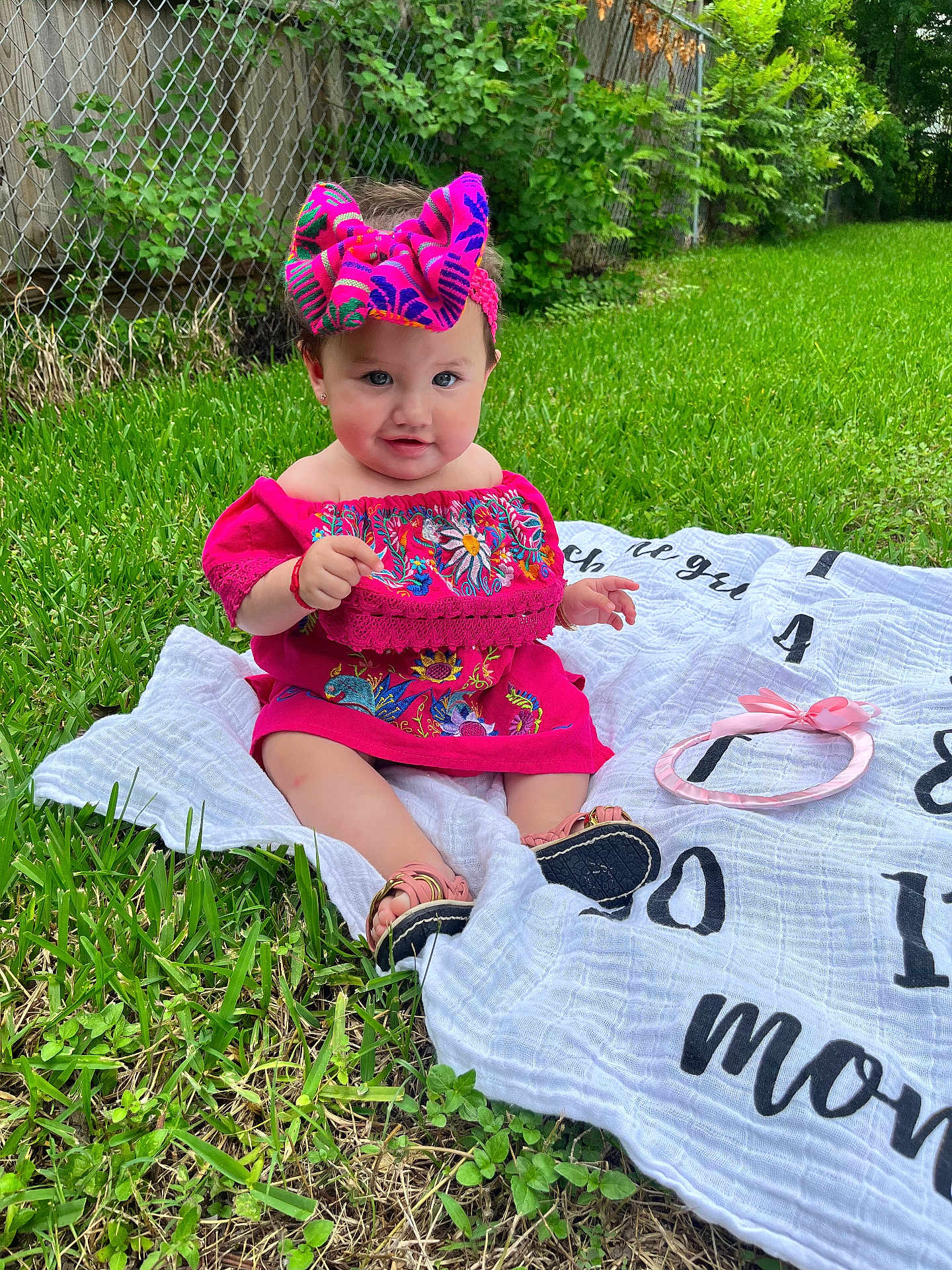 Alejandra is registered to the contest to win money with this photo: baby, child, grass, blanket, headband, pink_dress, outdoor, greenery, fence, footwear, sitting, portrait, cute, smile, summer, nature, colorful_clothing, young_child, happy, headwear