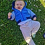 baby, child, grass, flowers, blue_jacket, pants, socks, outdoor, sunlight, shadow, nature, greenery, happy, cute, infant, person, smiling, casual_clothing, daylight, playing
