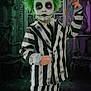 child, costume, face_paint, green_hair, striped_suit, keys, gothic, spooky, indoor, portrait, shoes, black_and_white, purple, chair, door, decor, fantasy, makeup, young, holiday