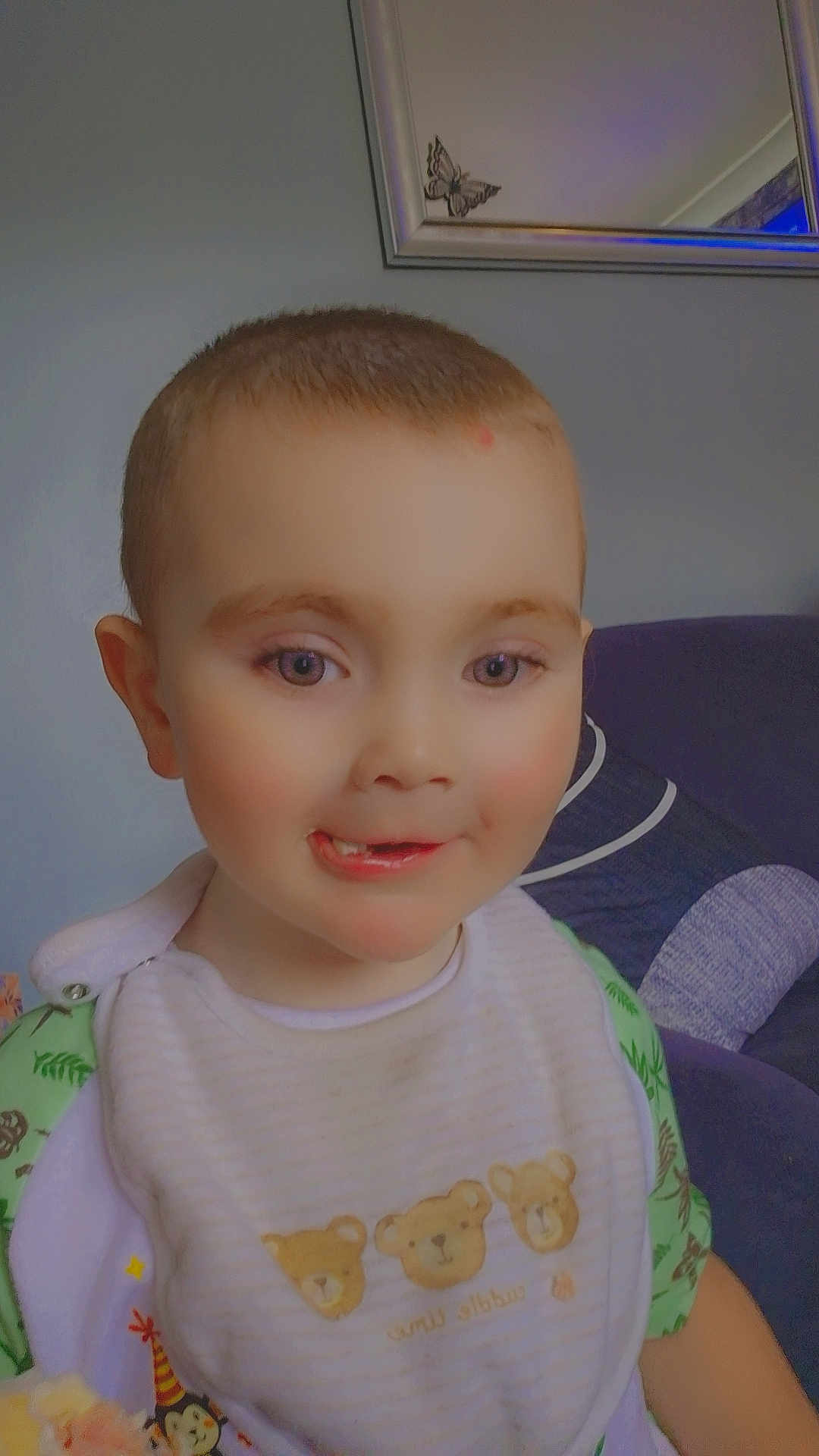 Corey is registered to the contest to win money with this photo: toddler, child, smiling, bib, teddy_bears, face, indoor, couch, pillow, mirror, wall, butterfly, short_hair, green_clothing, white_bib, person, portrait, cute, happy, seated