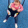Sophia joined the competition — help win amazing prizes! toddler, child, swing, playground, hat, knit_hat, pink_sweater, blanket, blue_surface, outdoor, play, fun, winter_clothing, legs, feet, curious_expression, person, seat, toy, casual