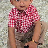 Agastya joined the competition — help win amazing prizes! toddler, child, boy, blue_eyes, curly_hair, red_checkered_shirt, beige_pants, bracelet, shoe, sitting, indoor, carpet, portrait, cute, young_child, expression, hands, footwear, floor, home