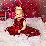 baby, child, smiling, red_dress, holiday, christmas, snow, headband, gift, present, festive, indoor, decorations, happy, cute, portrait, winter, sparkle, sitting, celebration