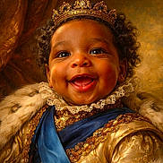 Jordan is registered to the contest to win money with this photo: baby, child, crown, royalty, smile, portrait, fur, velvet, gold, blue_sash, curly_hair, happy, luxury, costume, historic_style, face, cute, regal, elegant, young