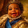 baby, child, crown, royalty, smile, portrait, fur, velvet, gold, blue_sash, curly_hair, happy, luxury, costume, historic_style, face, cute, regal, elegant, young