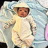 baby, infant, hooded_onesie, mittens, blanket, blue_blanket, laying_down, cozy_clothing, cute, small_hands, newborn, face, portrait, indoors, soft_texture, child, person, sleepwear, comfort, warm