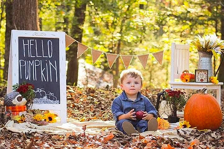 Dustin is registered to the contest to win money with this photo: botany, calabaza, deciduous, grass, green, happy, leaf, natural_foods, natural_landscape, orange, people, people_in_nature, person, plant, public_space, pumpkin, toddler, tree, winter_squash, wood