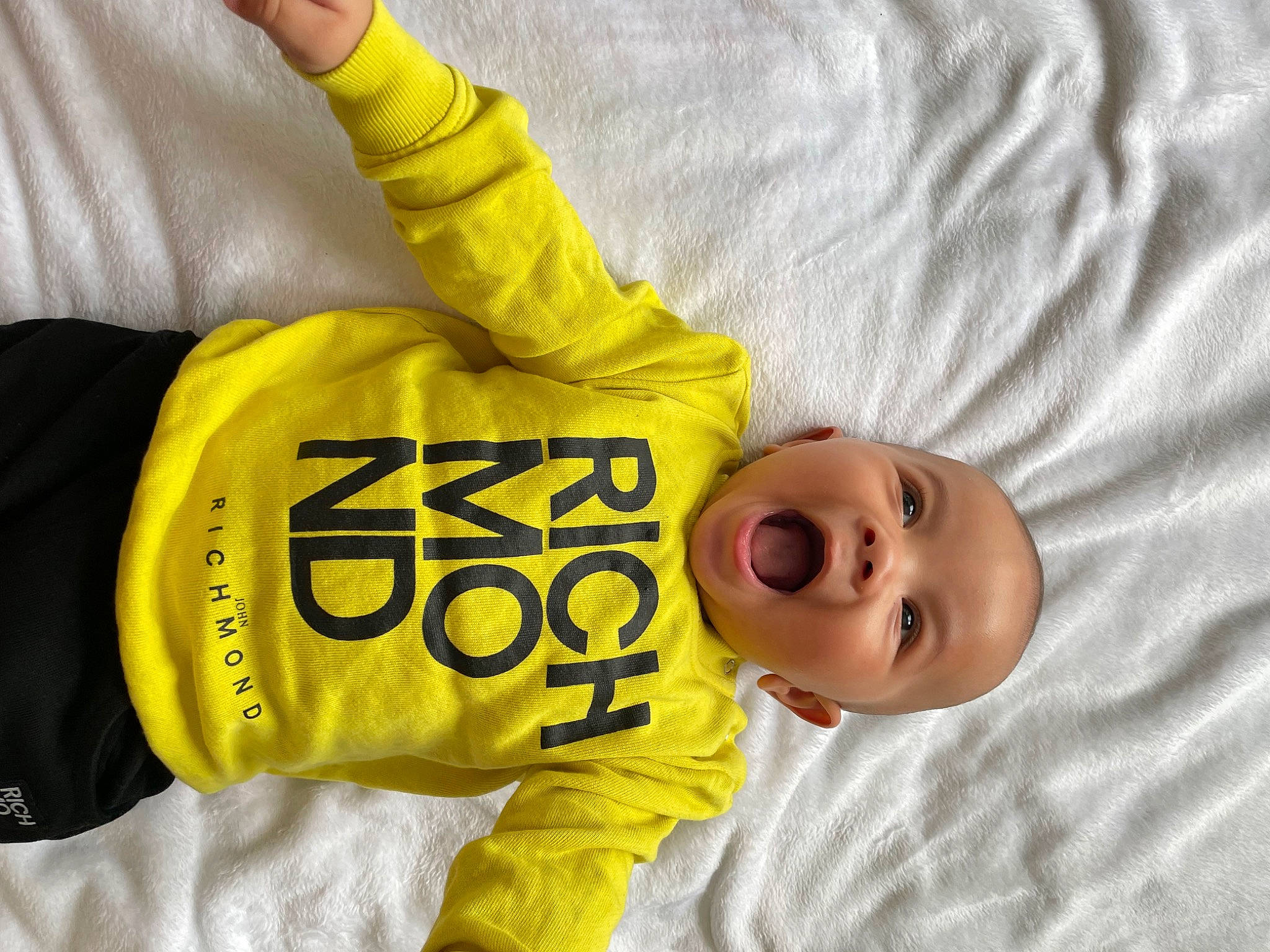 Ralf joined the competition — help win amazing prizes! baby, baby_toddler_clothing, child, comfort, font, gesture, happy, linens, person, personal_protective_equipment, sleeve, thumb, toddler, yellow