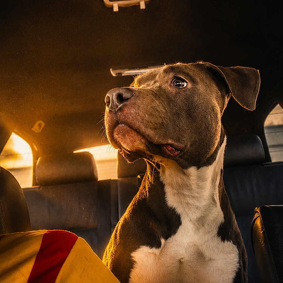 Abby participe au concours pour gagner de l'argent avec cette photo : dog, car_interior, backseat, sunlight, golden_hour, pet, animal, seat, window, blanket, leather_seat, canine, alert, portrait, domestic_animal, warm_light, indoor, side_view, sitting, fur