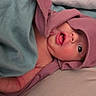 baby, infant, face, hood, blanket, bed, sleepwear, child, cute, skin, mouth, eyes, person, resting, indoors, portrait, soft, cozy, newborn, expression